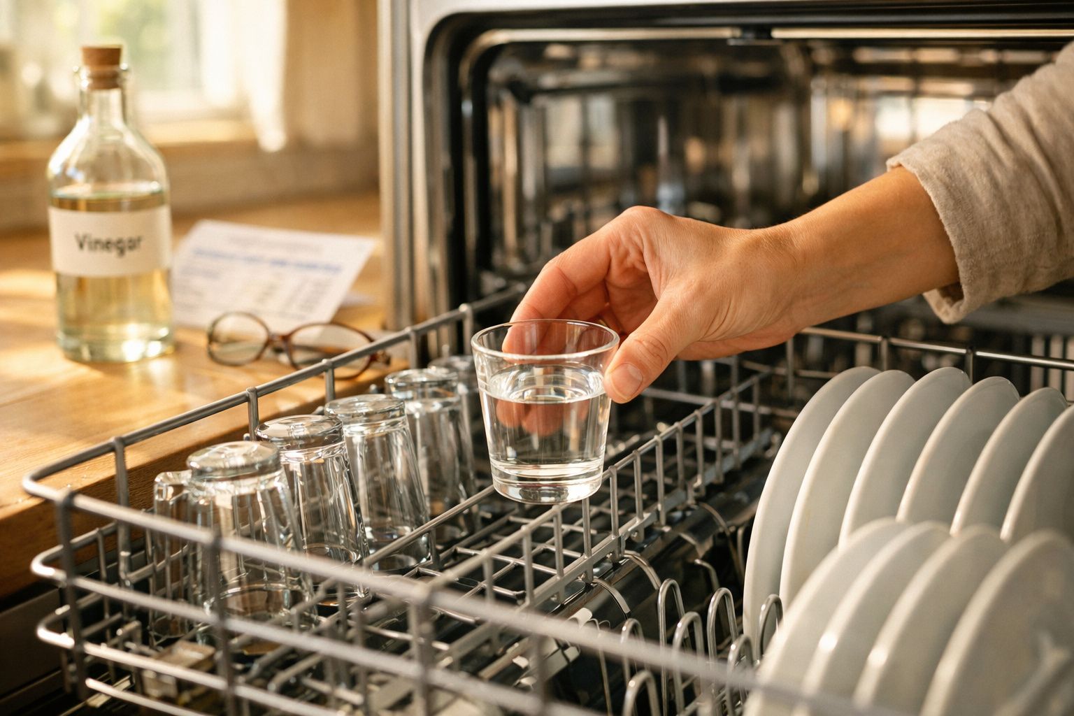 Mão a colocar copo de vidro virado para baixo na máquina de lavar loiça, com pratos e garrafas ao fundo.
