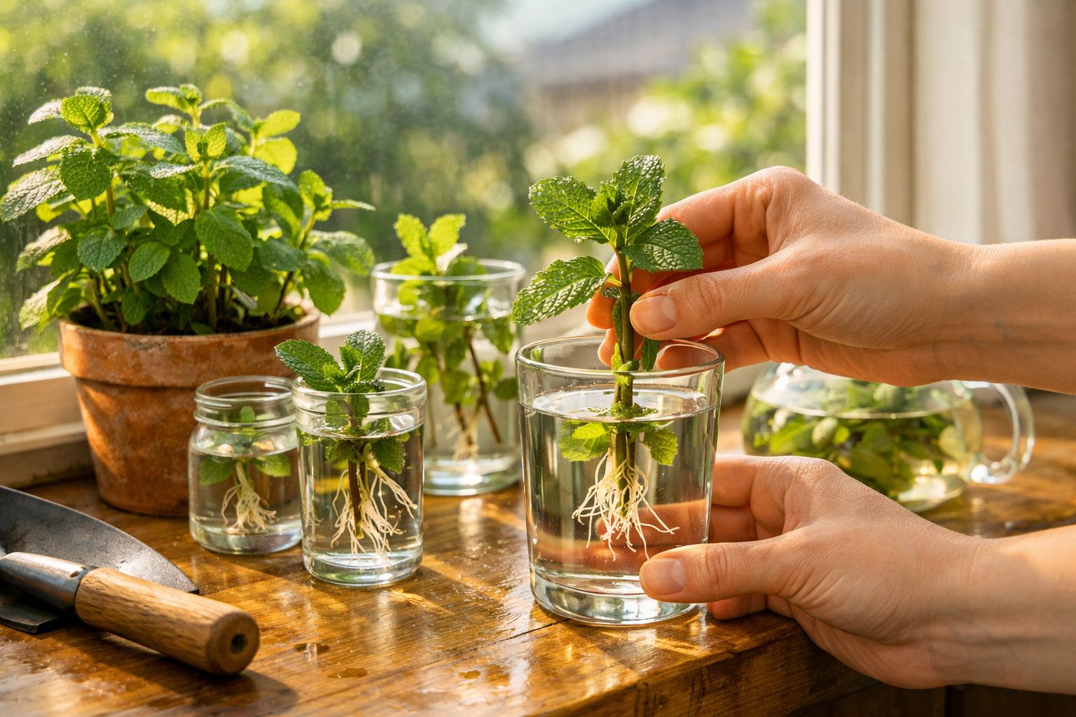 Mãos a propagar plantas de hortelã em copos de vidro com água junto a janela ensolarada.