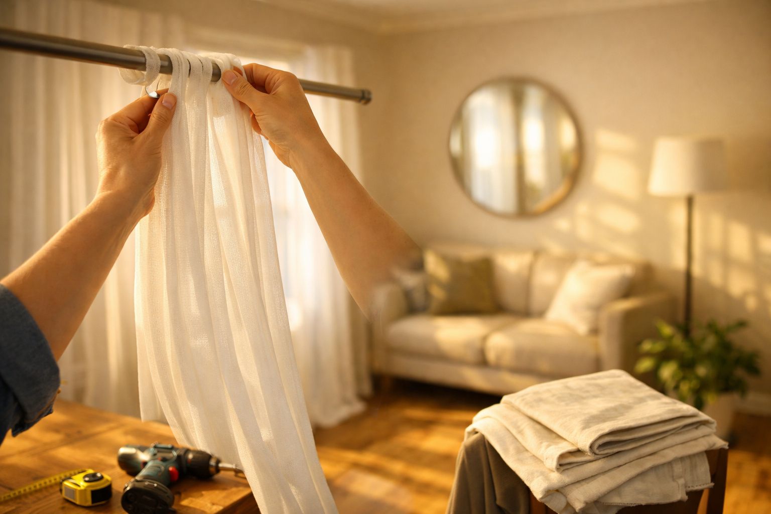 Pessoa a pendurar cortinas transparentes num varão numa sala de estar bem iluminada ao final do dia.