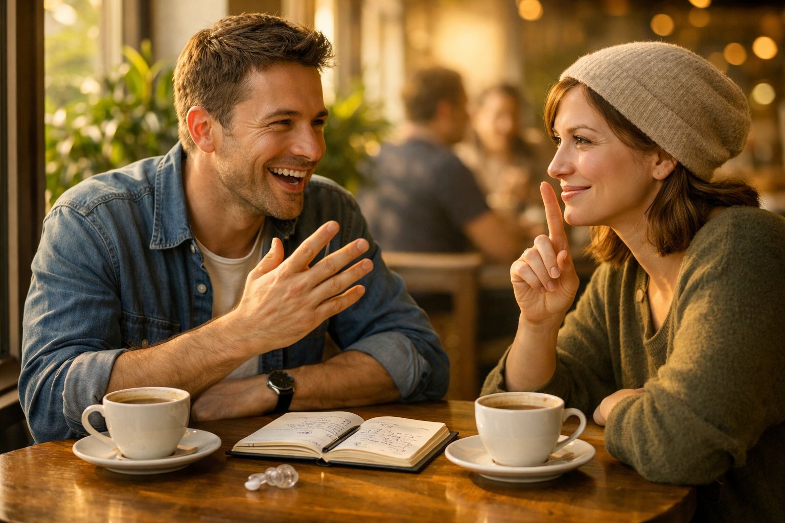 Casal a sorrir e conversar num café com duas chávenas de café e um caderno aberto na mesa.