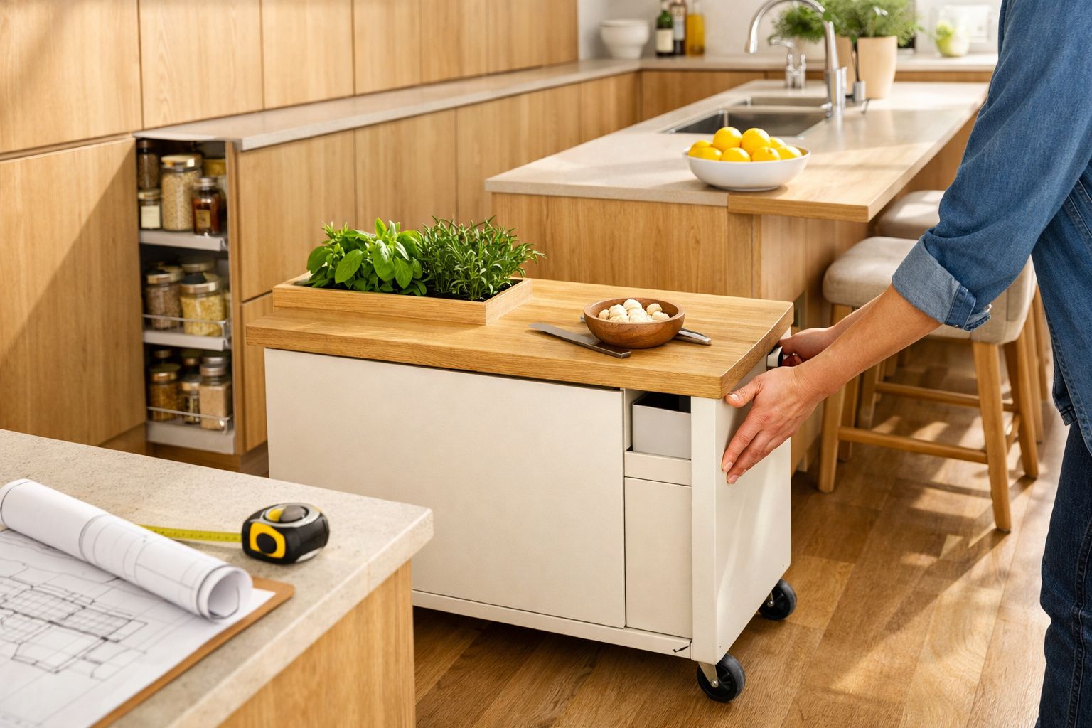 Pessoa a movimentar carrinho de cozinha móvel com hortas e legumes numa cozinha moderna de madeira clara.