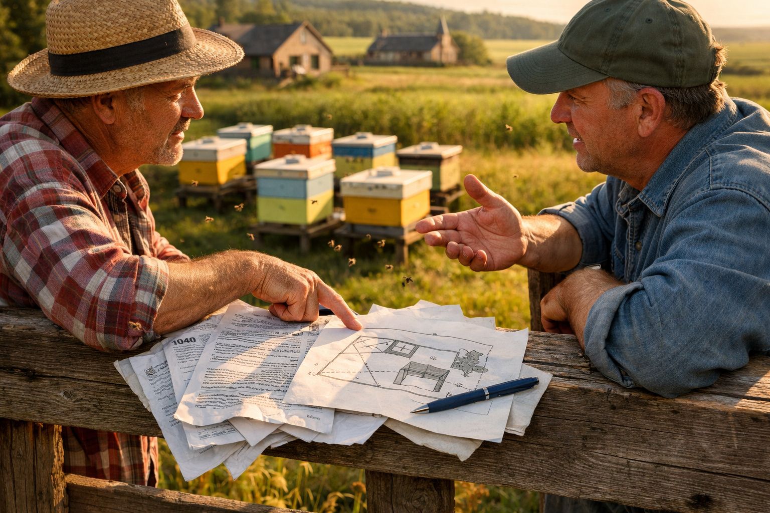 Dois apicultores discutem plantas e documentos perto de colmeias ao ar livre numa paisagem rural ao pôr do sol.