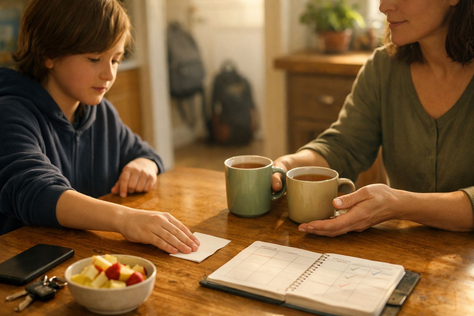 Criança e adulto sentados à mesa com chá, caderno de notas e tigela de fruta cortada.