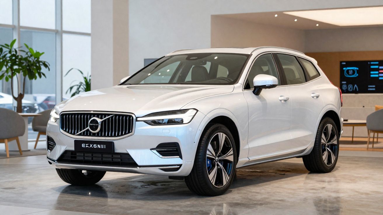 Veículo Volvo XC60 branco estacionado em espaço interior moderno e luminoso.