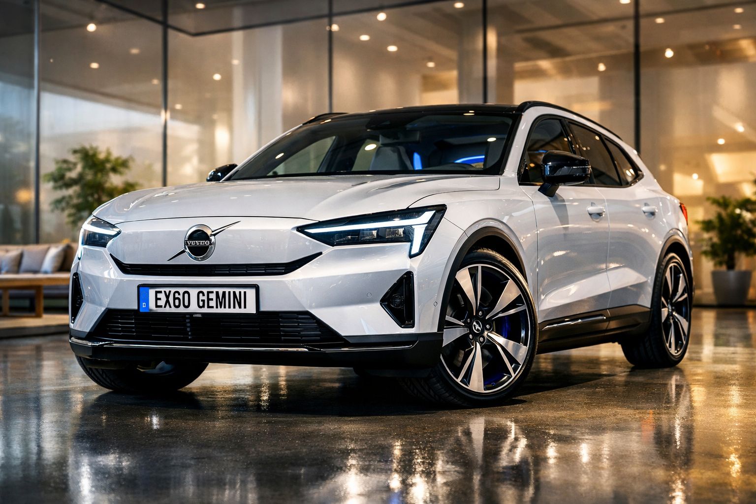 Automóvel Volvo elétrico branco estacionado em chão brilhante, com iluminação interior moderna e plantas ao fundo.