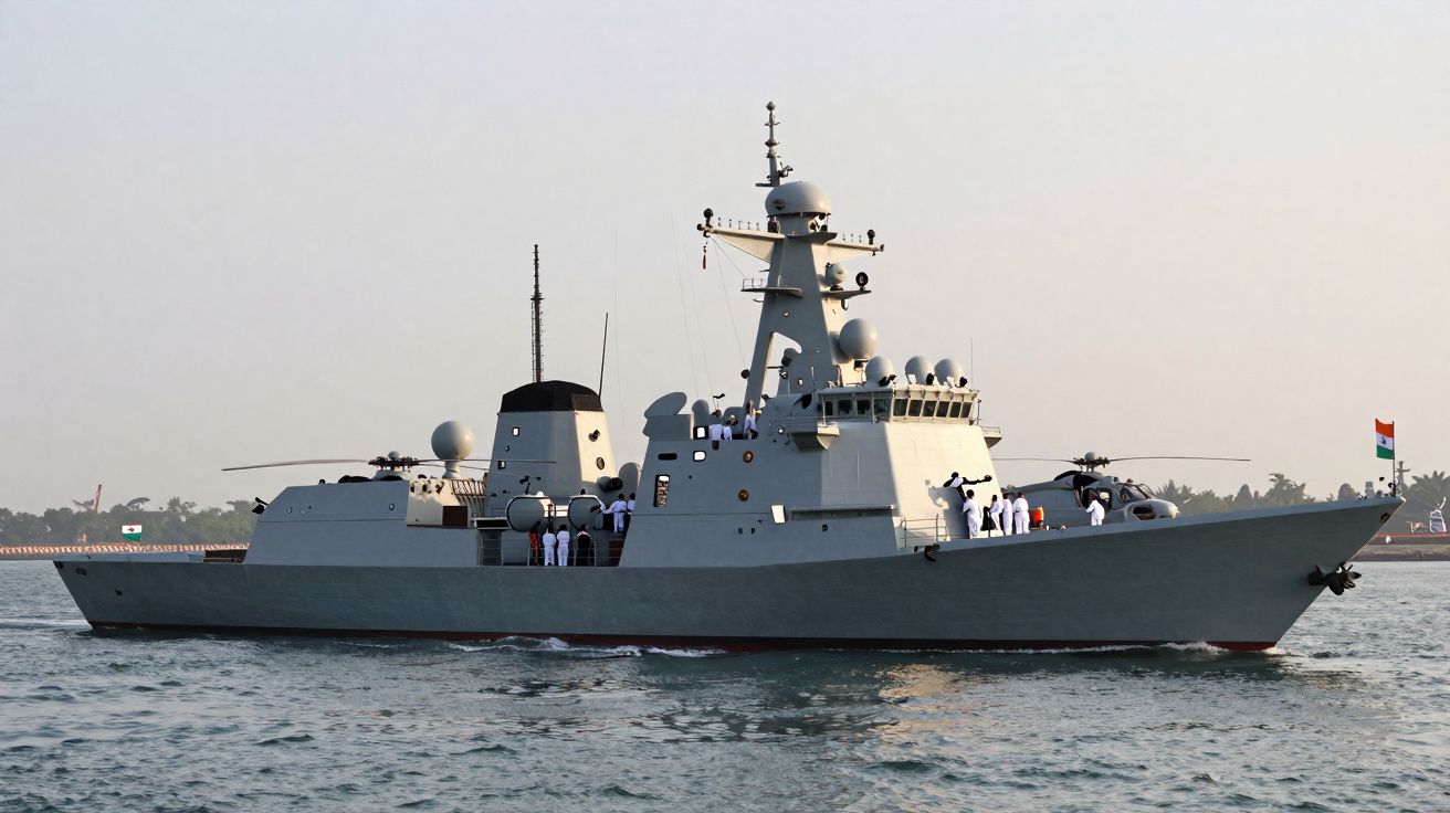 Navio de guerra cinzento com tripulação em uniforme branco navegando em mar calmo ao entardecer.