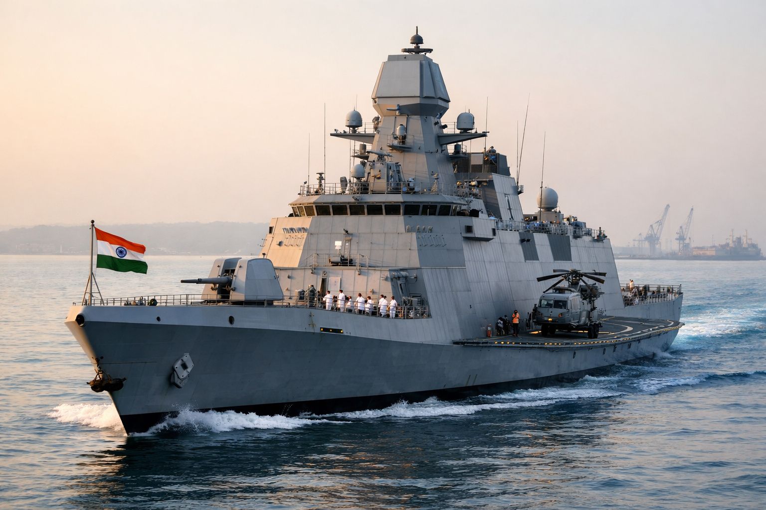 Navio de guerra indiano com helicóptero no convés, navegando no mar ao pôr do sol.