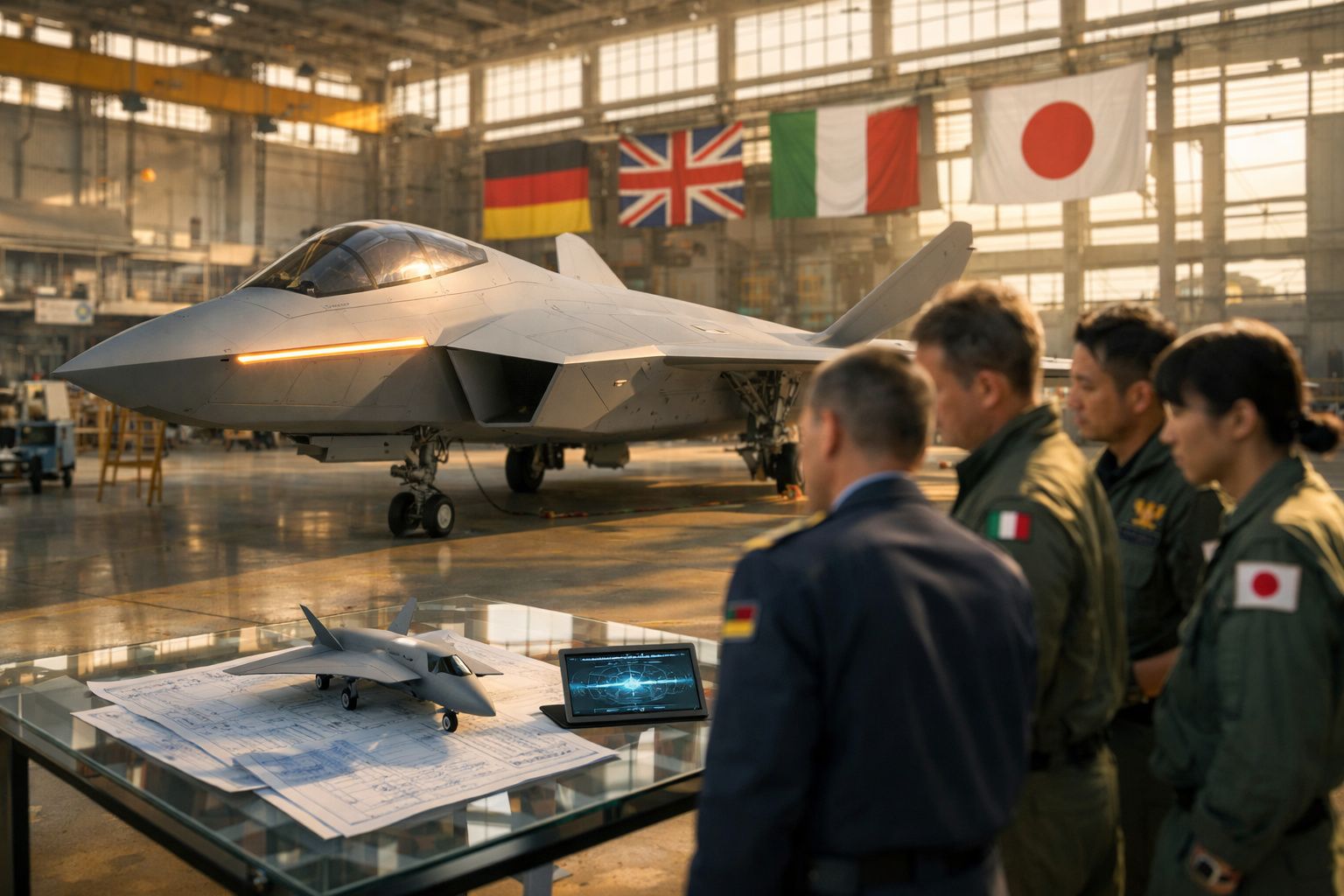 Quatro pessoas em uniforme observam modelo de avião de caça e esquemas numa mesa, com caça real e bandeiras ao fundo.