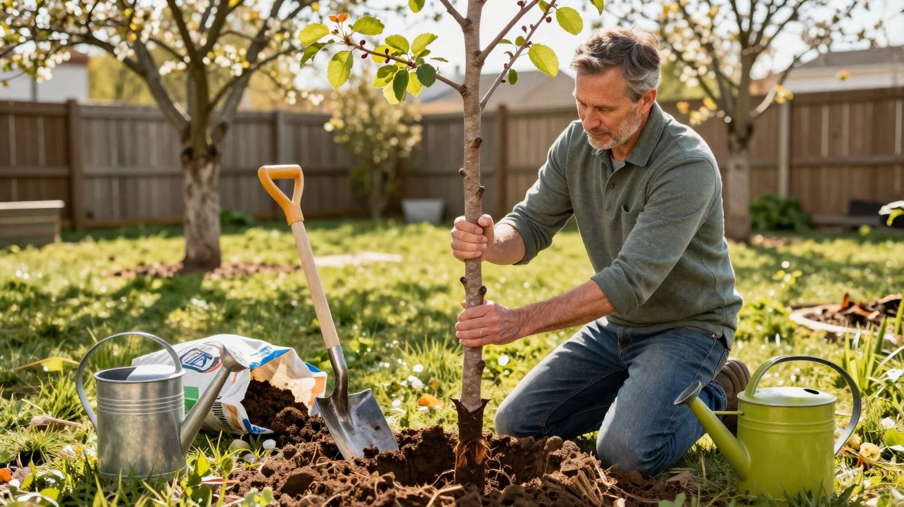 Homem a plantar uma árvore num jardim ensolarado com regadores e terra à sua volta.