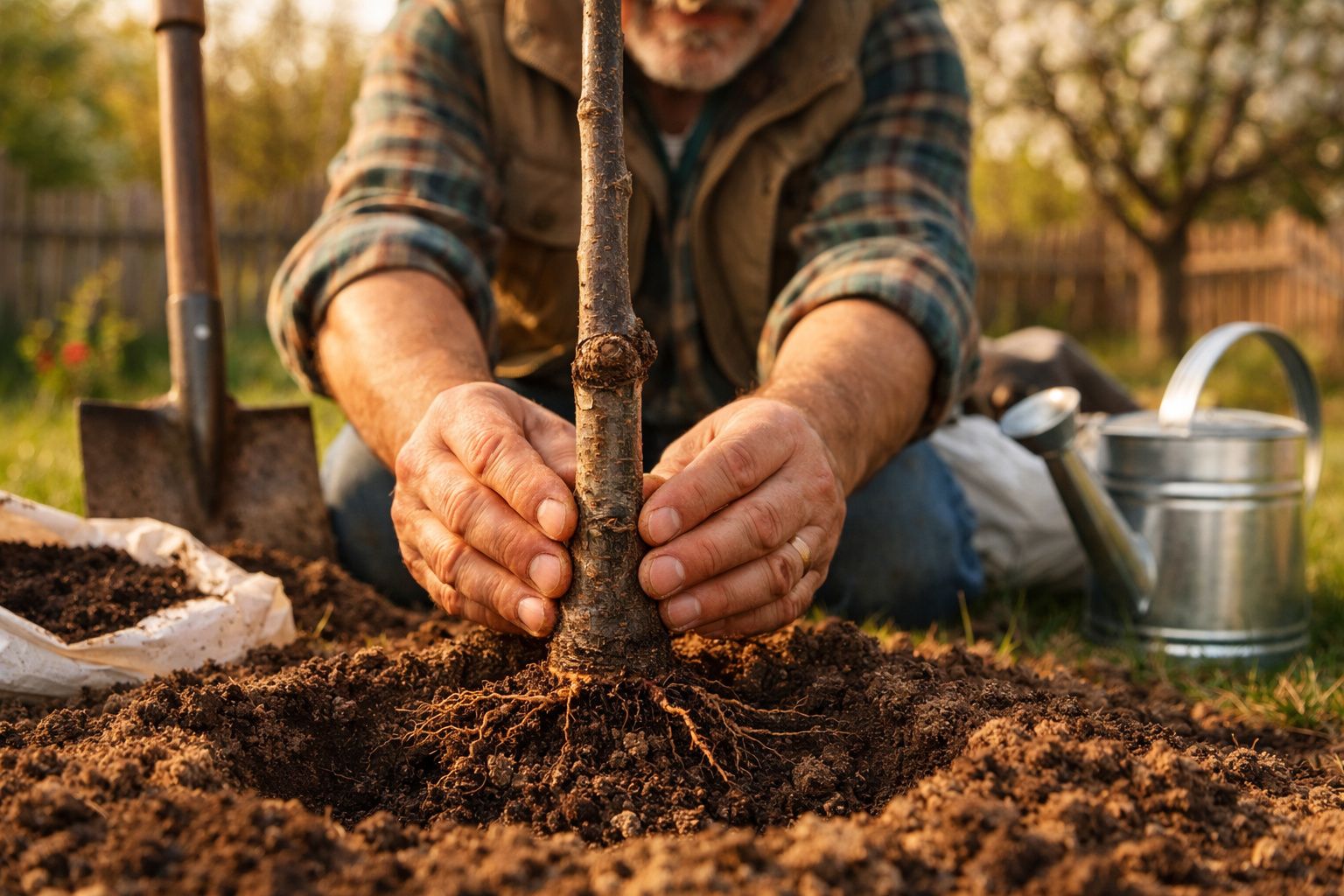 Mãos de homem a plantar uma árvore jovem no solo, com regador e pá ao fundo num jardim.