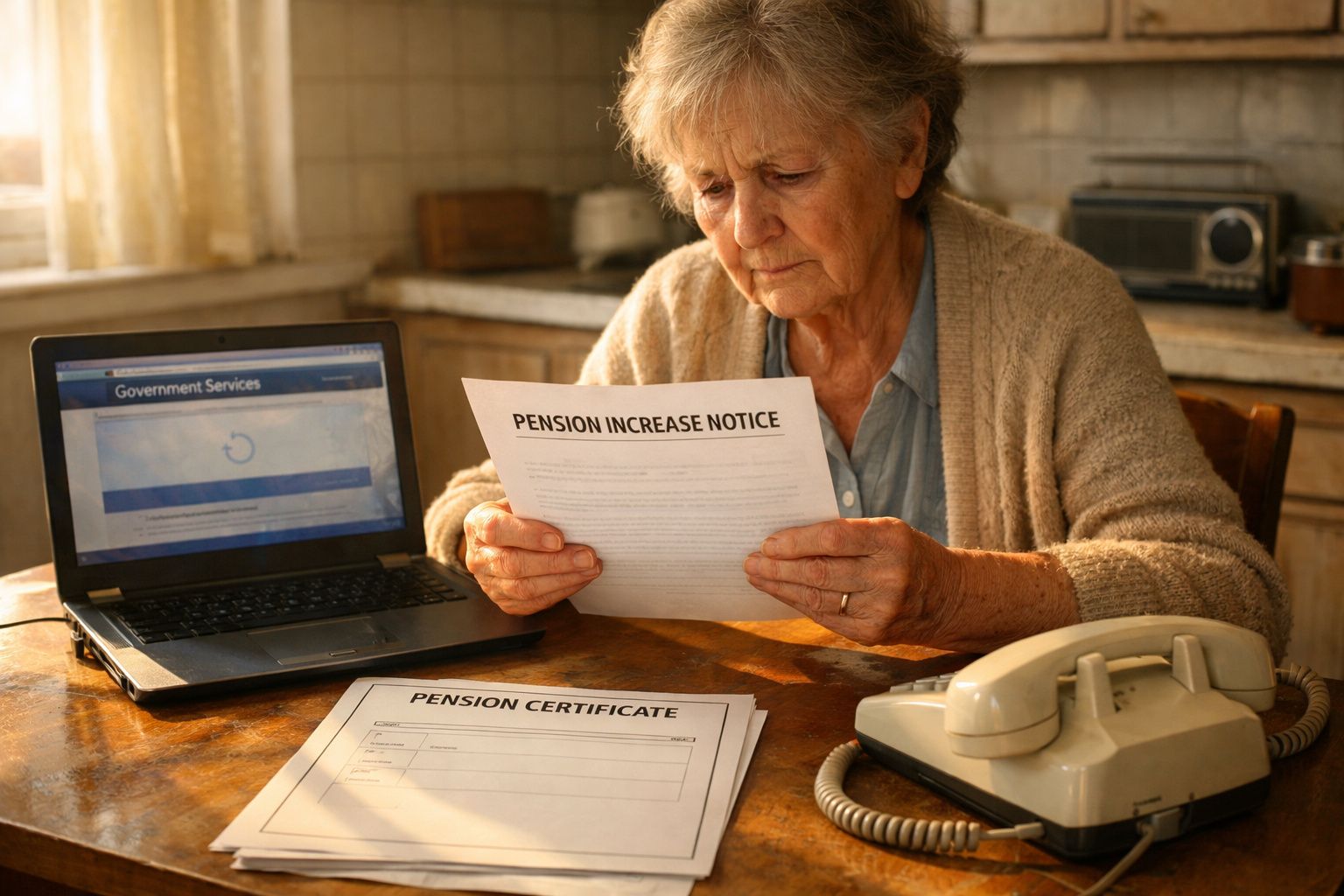 Mulher idosa a ler aviso de aumento da pensão, com documentos e laptop numa mesa de cozinha.
