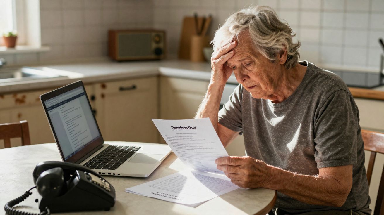 Idosa preocupada a ler documentos sobre pensões numa cozinha com computador e telefone.