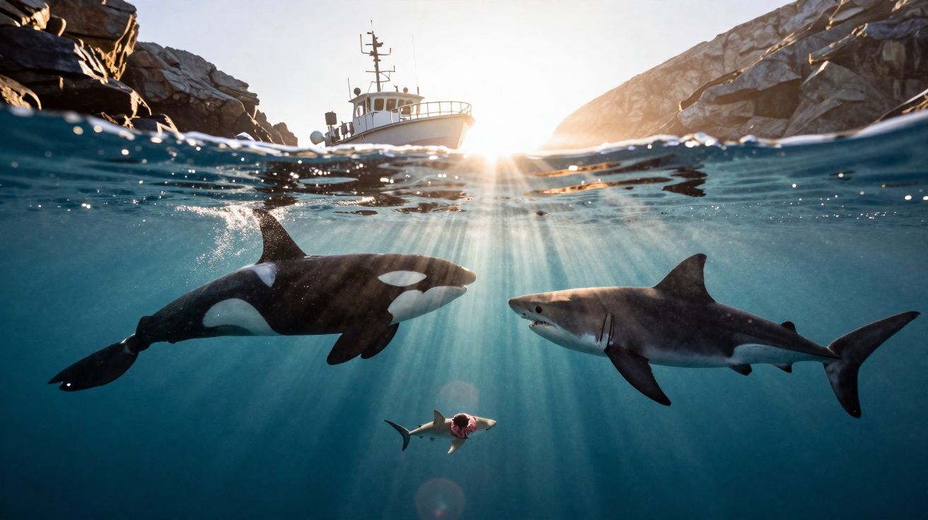 Orca, tubarão e tubarão-martelo nadam perto da superfície com barco e rochas ao fundo ao pôr do sol.
