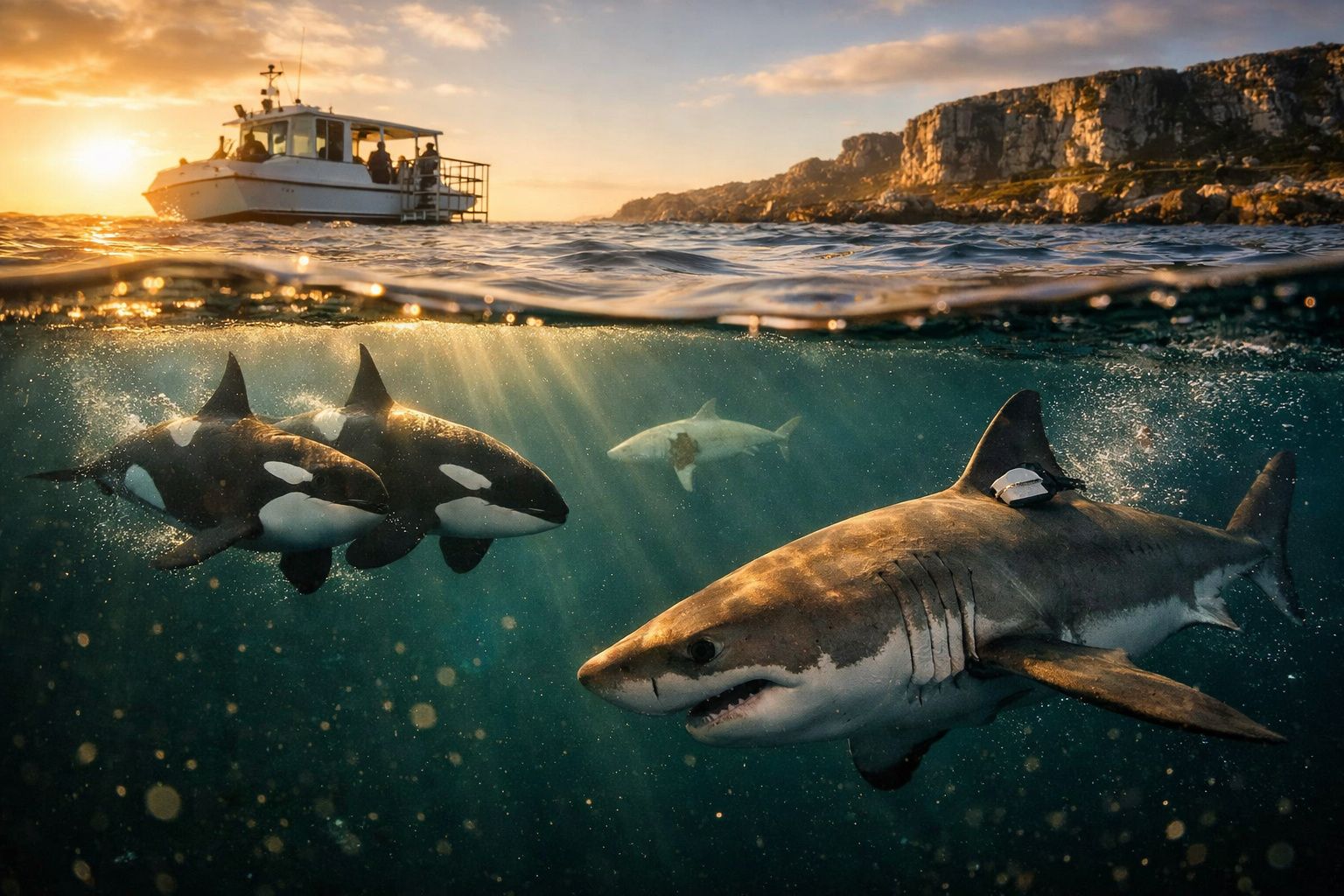 Vista subaquática e superficial de um tubarão e duas orcas perto de um barco ao pôr do sol junto a falésias rochosas.