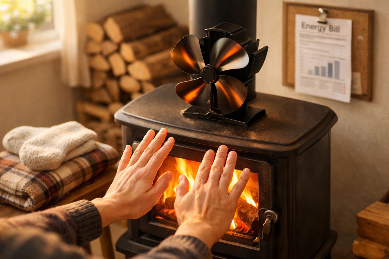 Pessoas a aquecer as mãos junto a uma lareira com ventilador e lenha empilhada ao fundo.