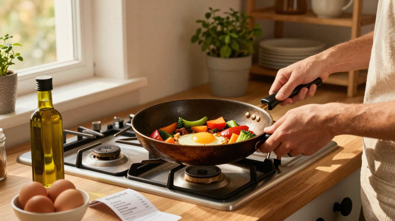 Mãos seguram frigideira com ovo estrelado e legumes a cozinhar em fogão a gás numa cozinha iluminada.