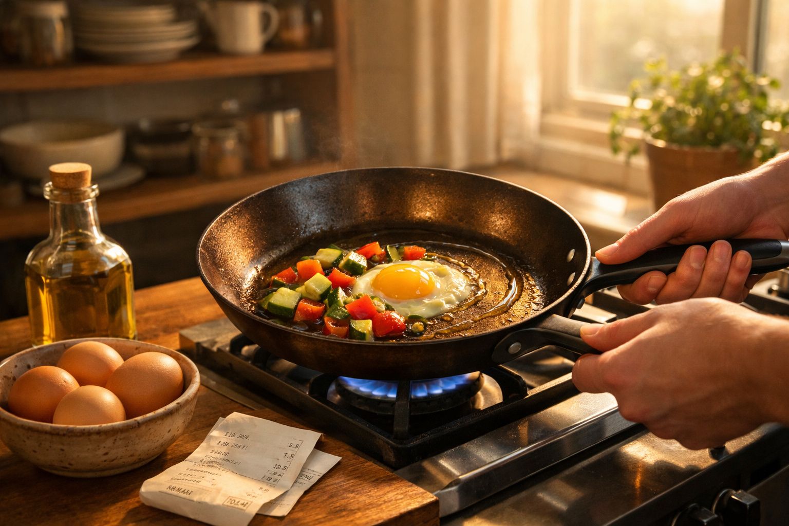 Ovos estrelados a cozinhar numa frigideira com legumes coloridos numa cozinha iluminada pelo sol.