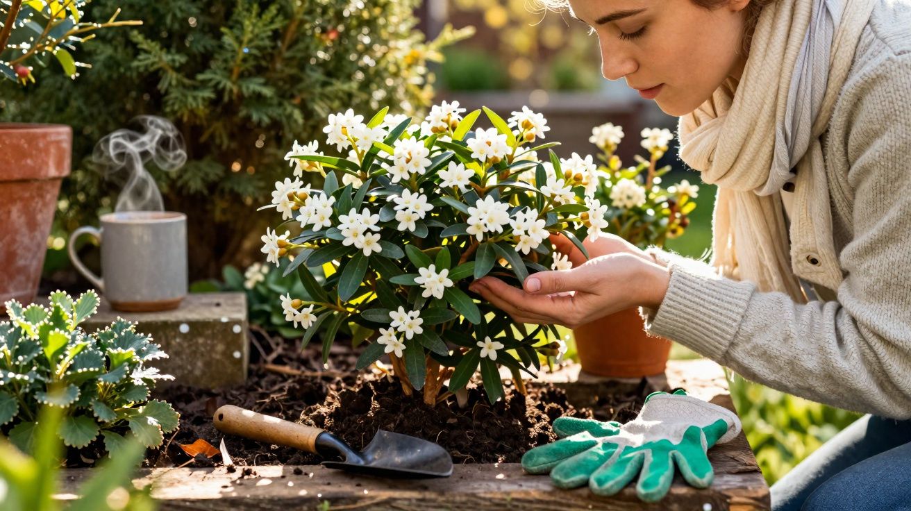 Mulher a cuidar de flor branca numa planta no jardim com luvas e chá quente ao lado.