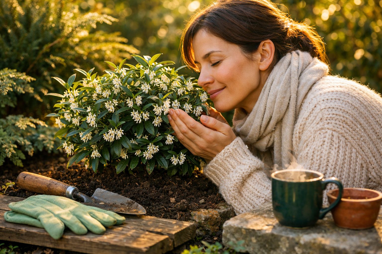 Mulher a cheirar flores brancas no jardim com luvas de jardinagem e chá quente ao lado.