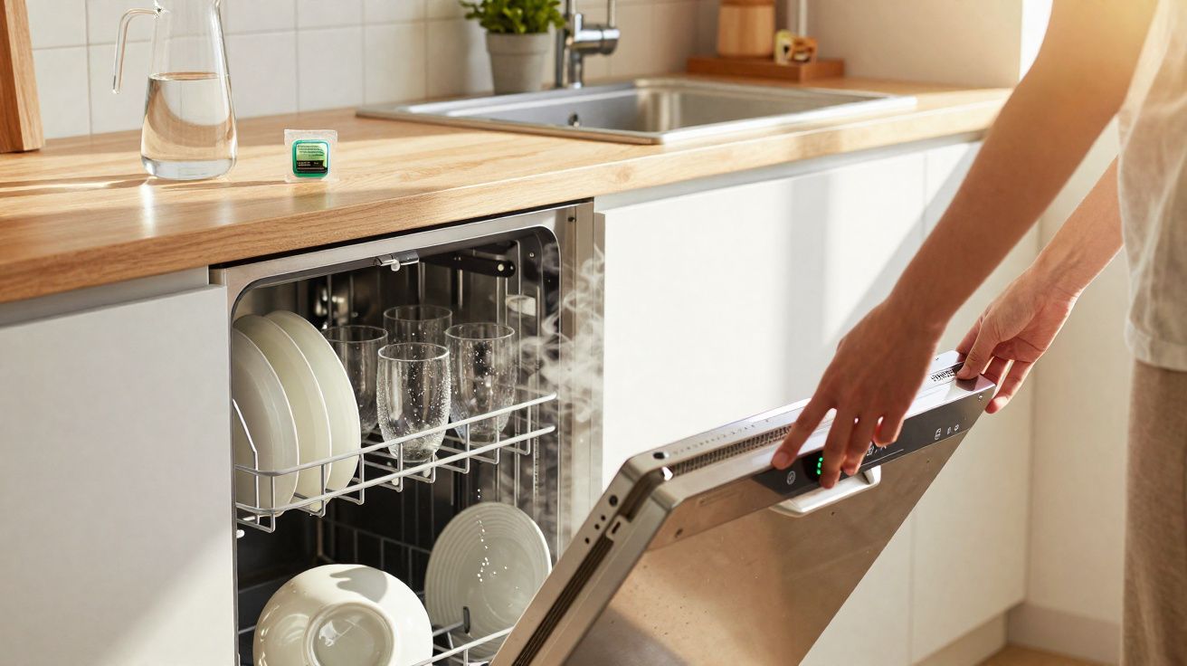 Pessoa a carregar máquina de lavar loiça com pratos e copos numa cozinha moderna.