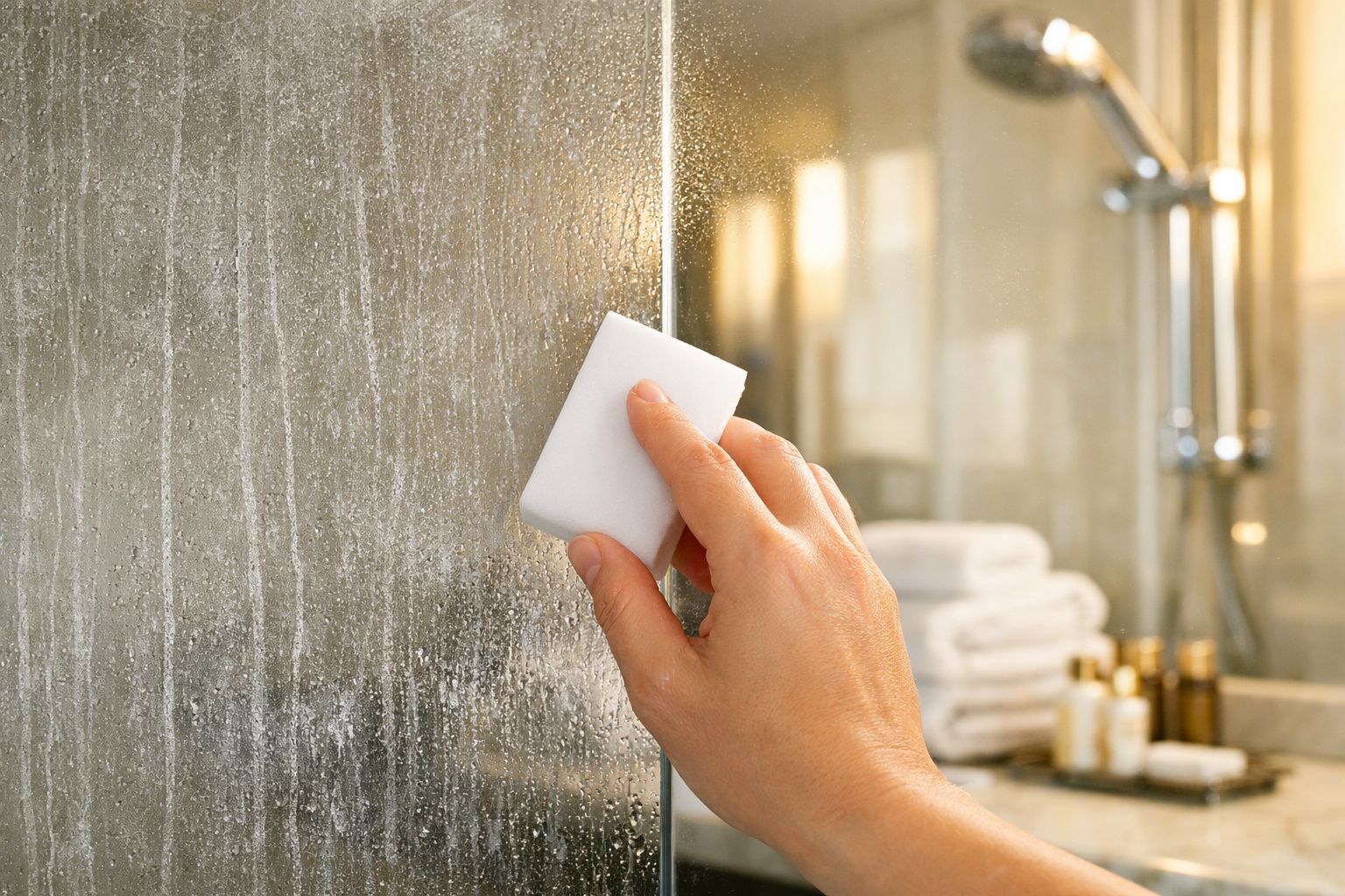 Mão a limpar vidro de cabine de duche com esponja branca numa casa de banho moderna.