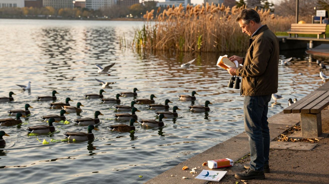 Homem a alimentar patos num lago urbano ao entardecer, com binóculos e livro na mão.