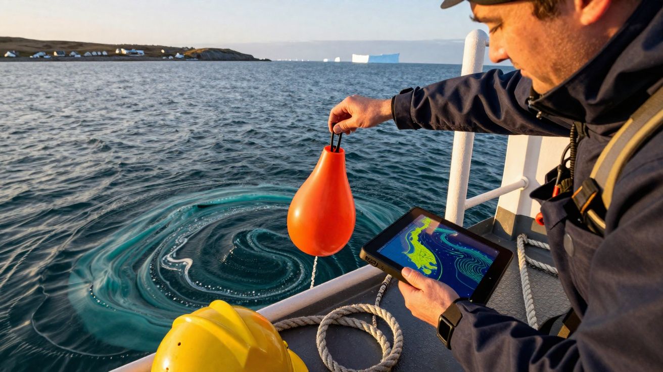 Homem numa embarcação a recolher boia laranja e a analisar dados num tablet com água e icebergues ao fundo.