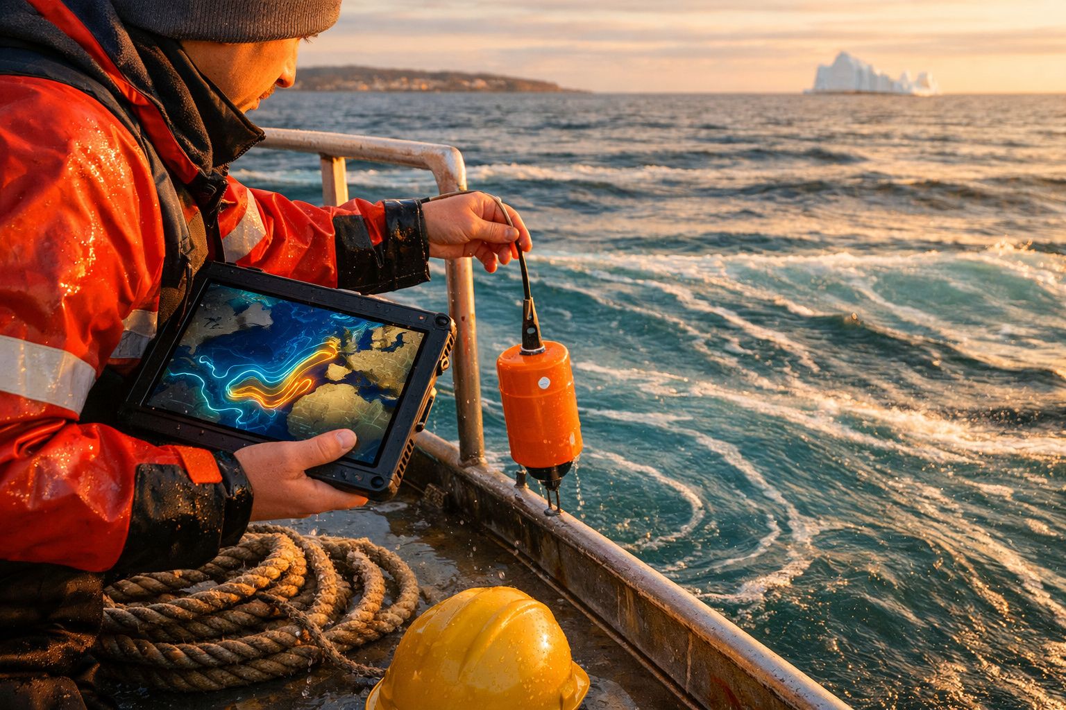 Homem com fato impermeável a recolher dispositivo laranja do mar numa embarcação ao pôr do sol.