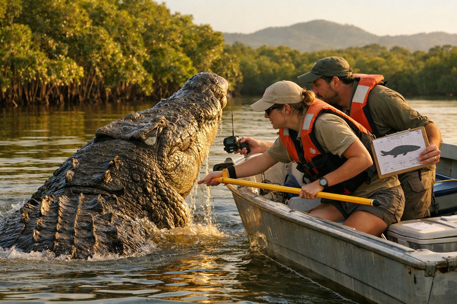 Dois pesquisadores numa canoa etiquetando um crocodilo gigante na água perto de árvores.