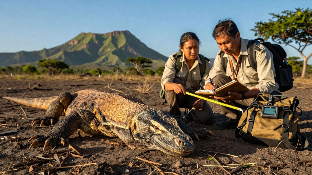 Dois investigadores medem e registam dados de um dragão-de-komodo no solo seco com montanha ao fundo.