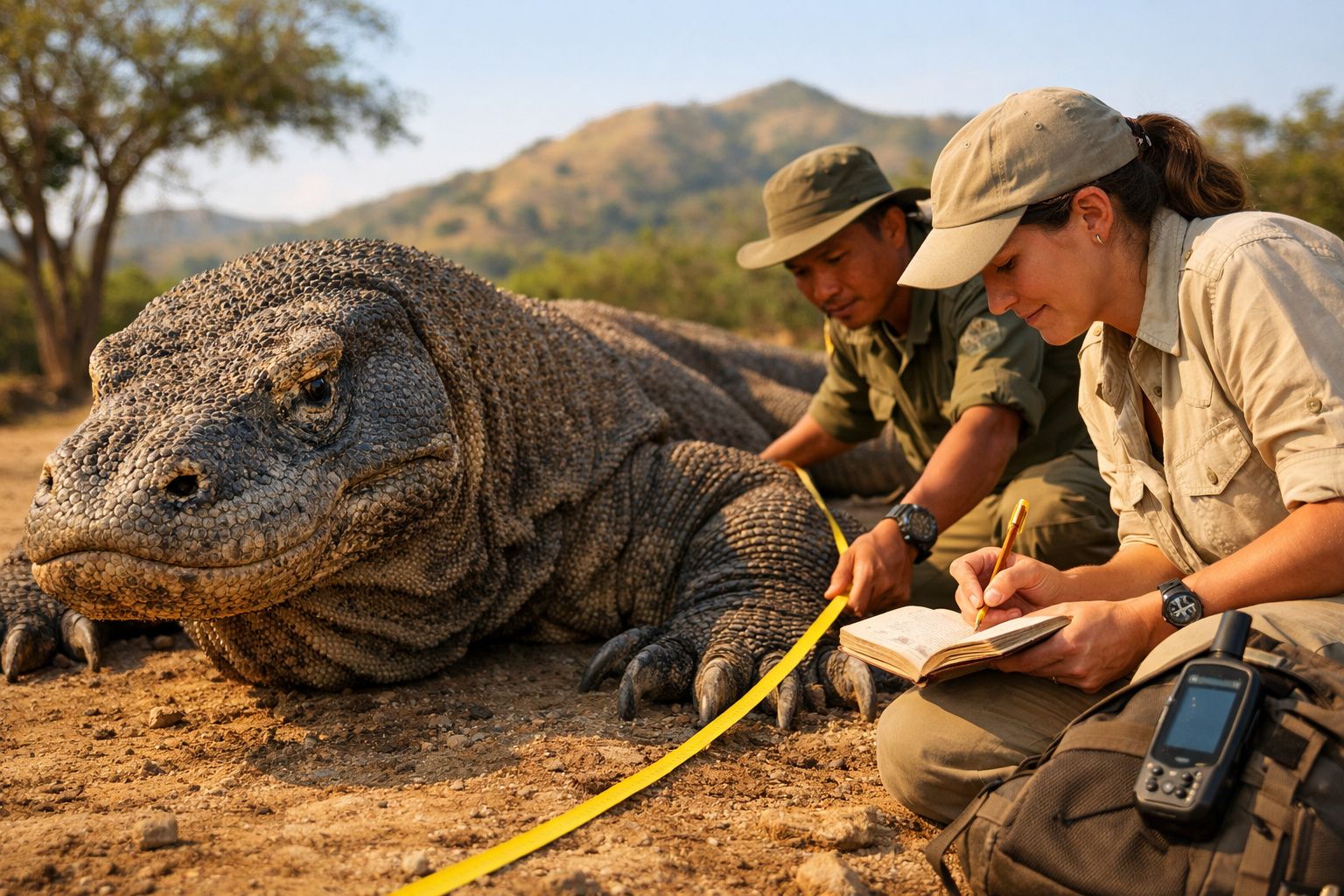 Dois investigadores com trajes de campo medem e anotam dados de um dragão de Komodo no habitat natural.