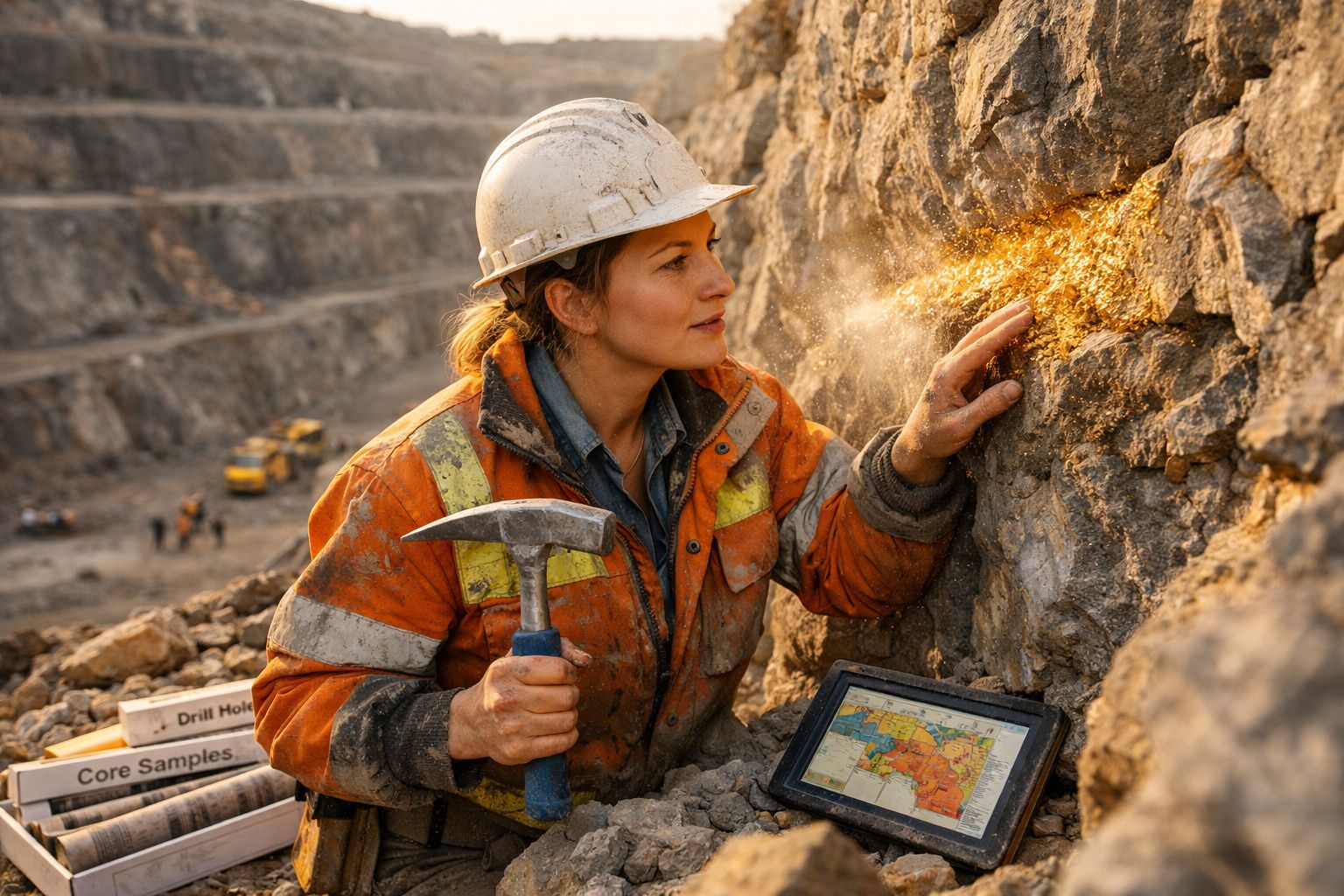 Mulher mineira com capacete e martelo a analisar veia dourada numa escavação a céu aberto.