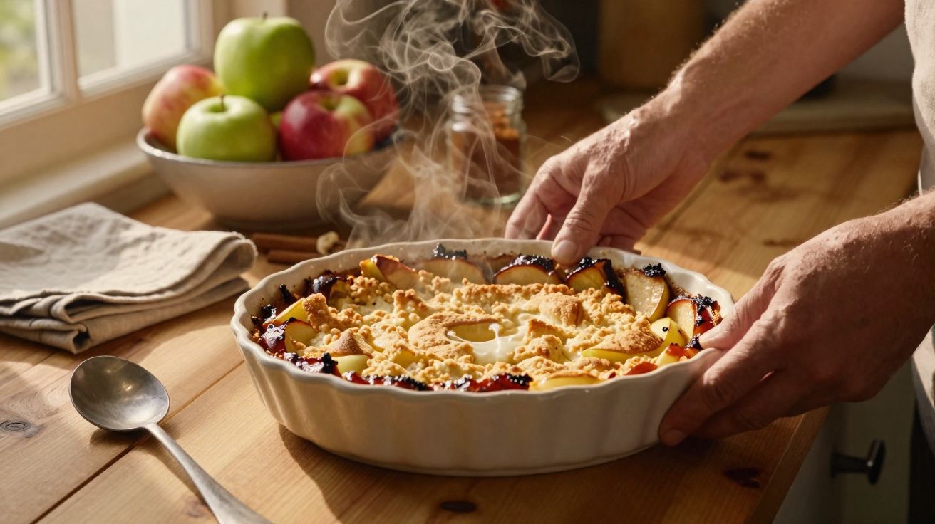 Pessoa a retirar tarte quente fumegante de maçã de recipiente branco numa bancada de madeira, com maçãs ao fundo.