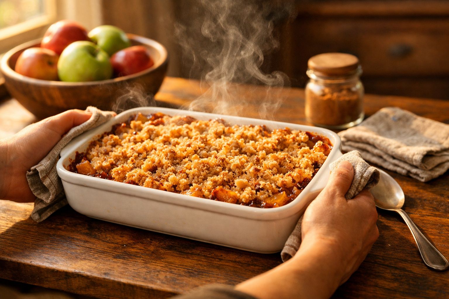 Mãos seguram tabuleiro branco com crumble quente e fumegante sobre mesa de madeira com maçãs ao fundo.