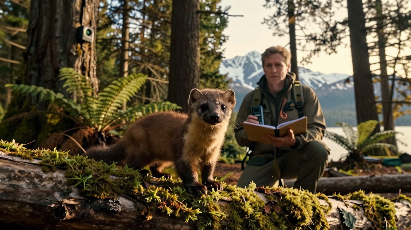 Marta selvagem em tronco de árvore com homem a observar e anotar numa floresta com montanhas ao fundo.