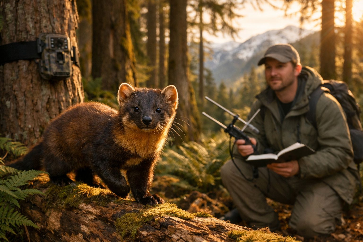 Marta-instinto no tronco com investigador a observar e registar dados numa floresta ao entardecer.