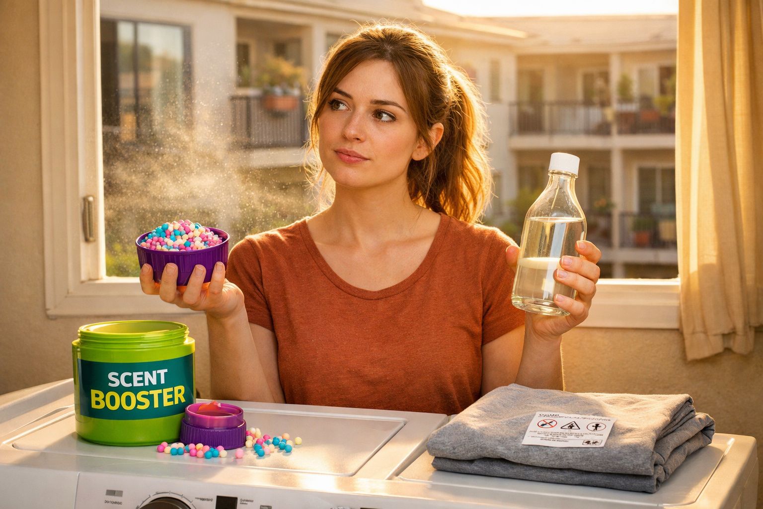 Mulher a usar aroma em pó para roupa, com frasco de líquido e t-shirt cinzenta dobrada ao lado.