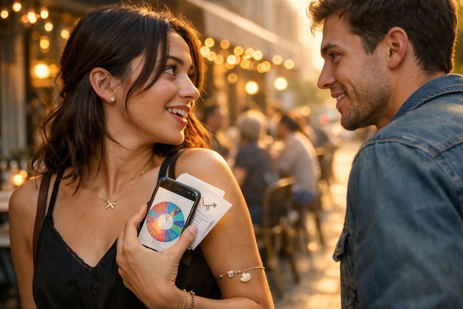Mulher mostra roda de cores em telemóvel ao homem num café ao ar livre com luz natural.