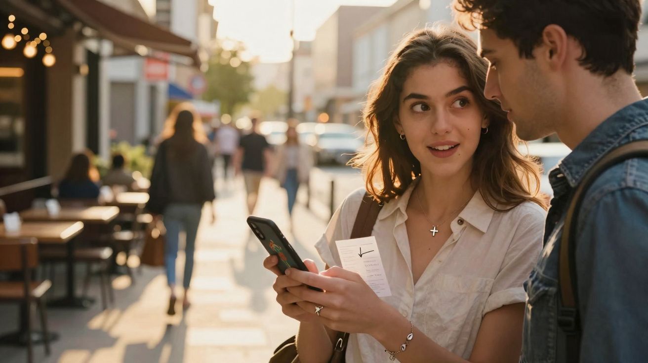 Jovem mulher mostrando um bilhete no telemóvel a um rapaz numa rua movimentada ao entardecer.