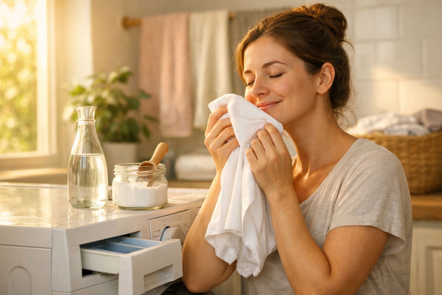 Mulher feliz cheira roupa limpa junto à máquina de lavar com produtos naturais na bancada.