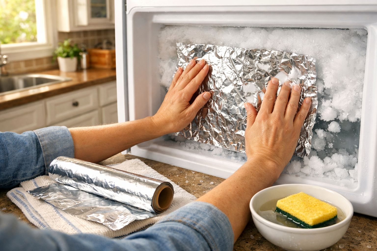 Mãos a aplicar folha de alumínio para descongelar o congelador coberto de gelo.