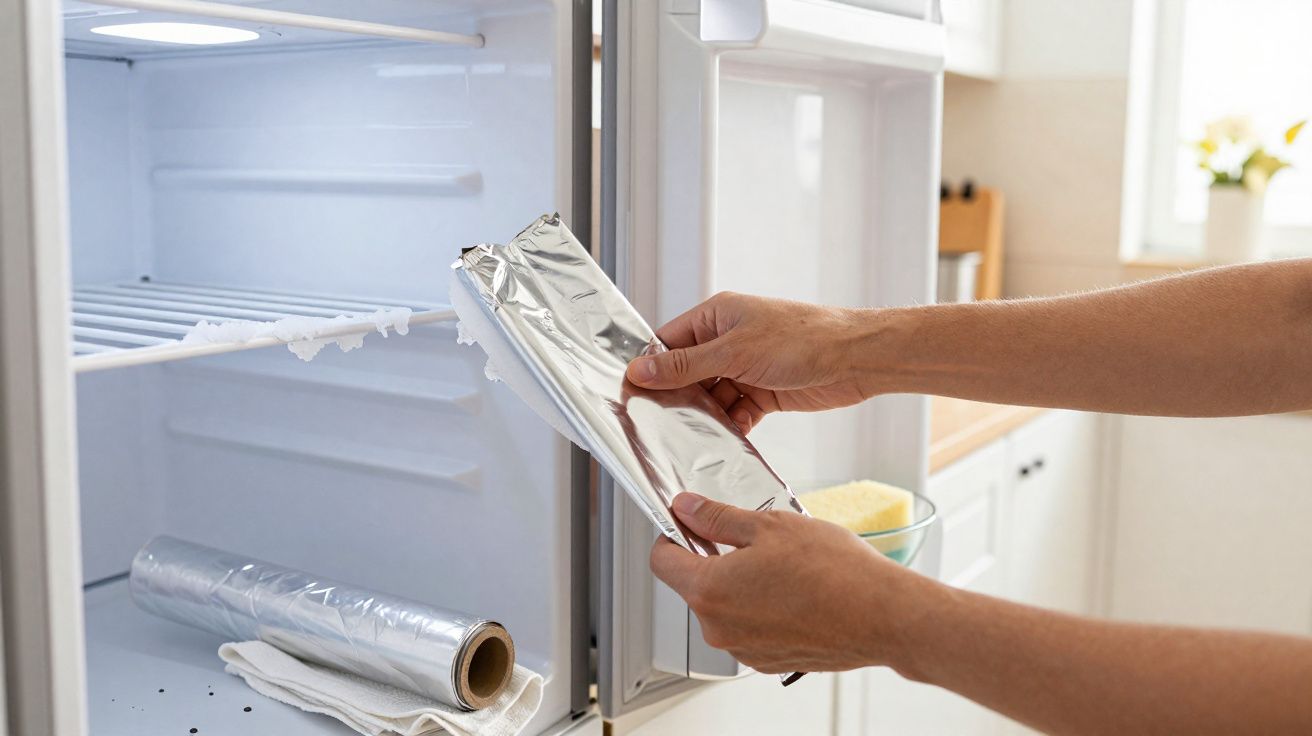 Mãos a colocar papel alumínio numa prateleira de frigorífico vazio com gelo acumulado.