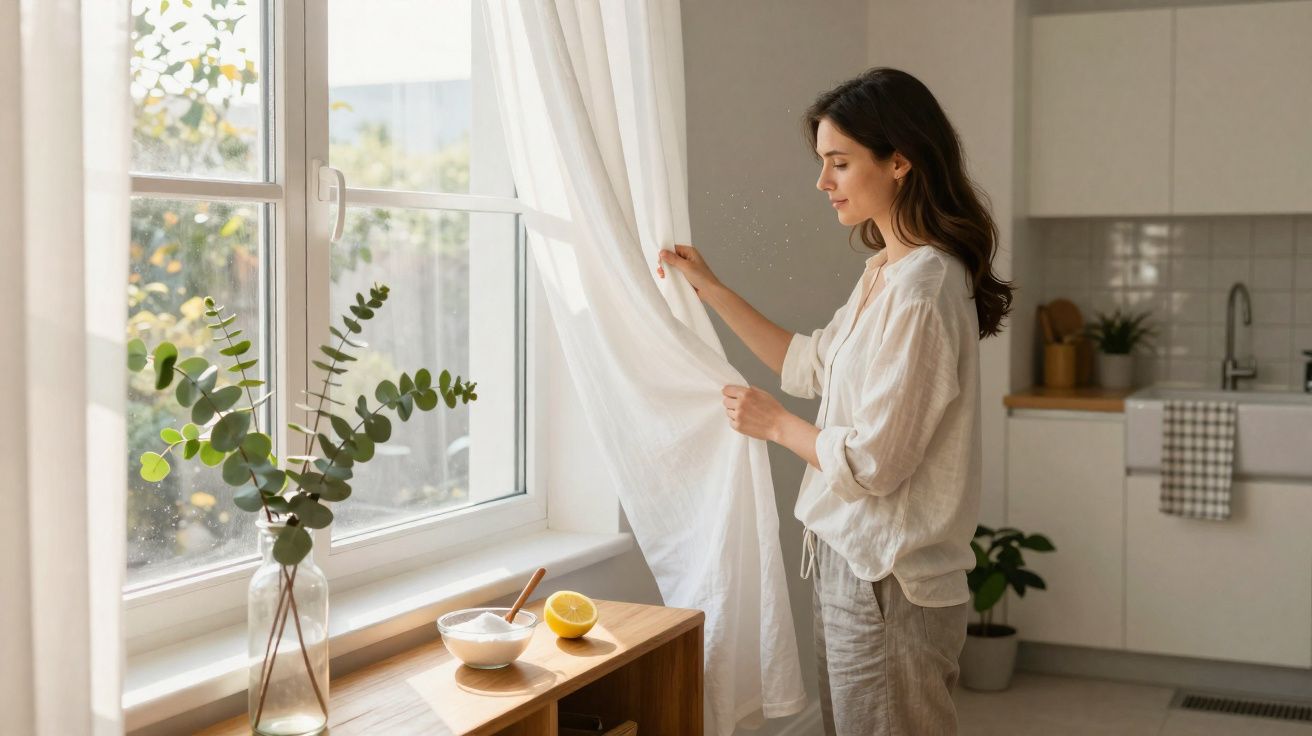 Mulher abre cortina branca numa cozinha luminosa com planta e frutos sobre móvel junto à janela.