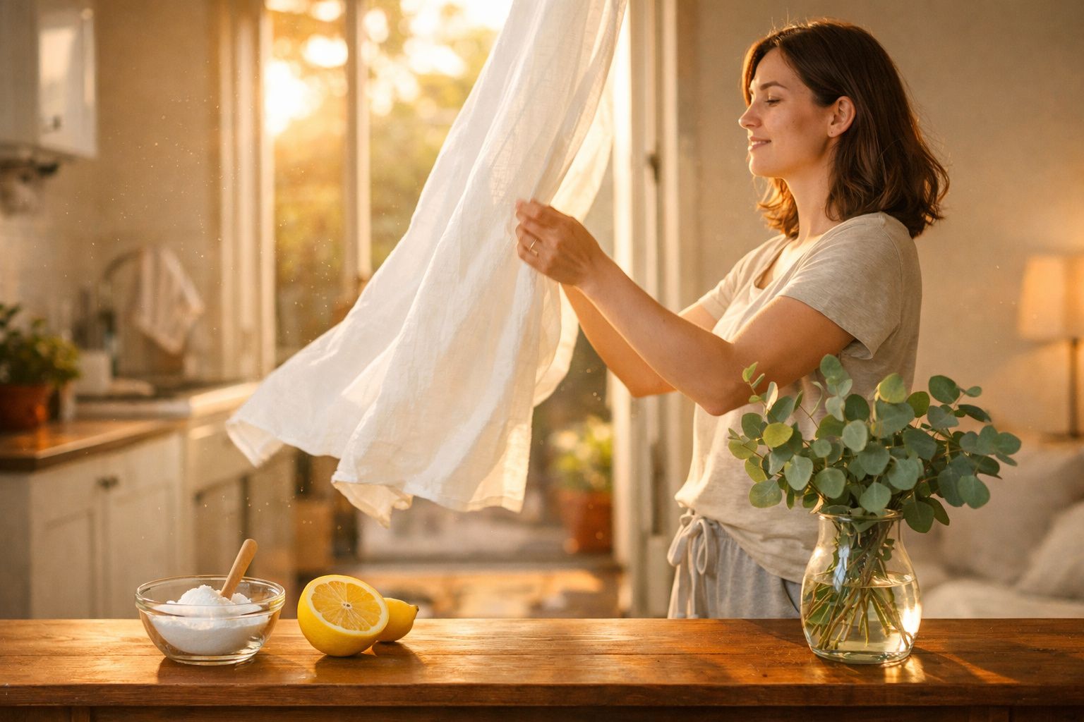 Mulher a arejar roupa branca numa cozinha iluminada pelo sol, com limão, sal e plantas na mesa.