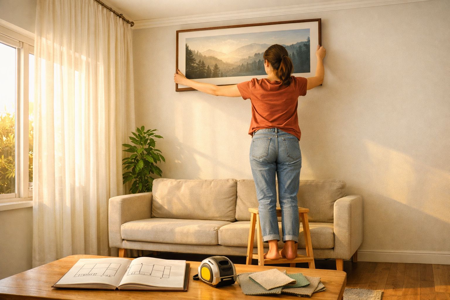 Pessoa jovem pendura quadro de paisagem num ambiente acolhedor com sofá e luz natural.