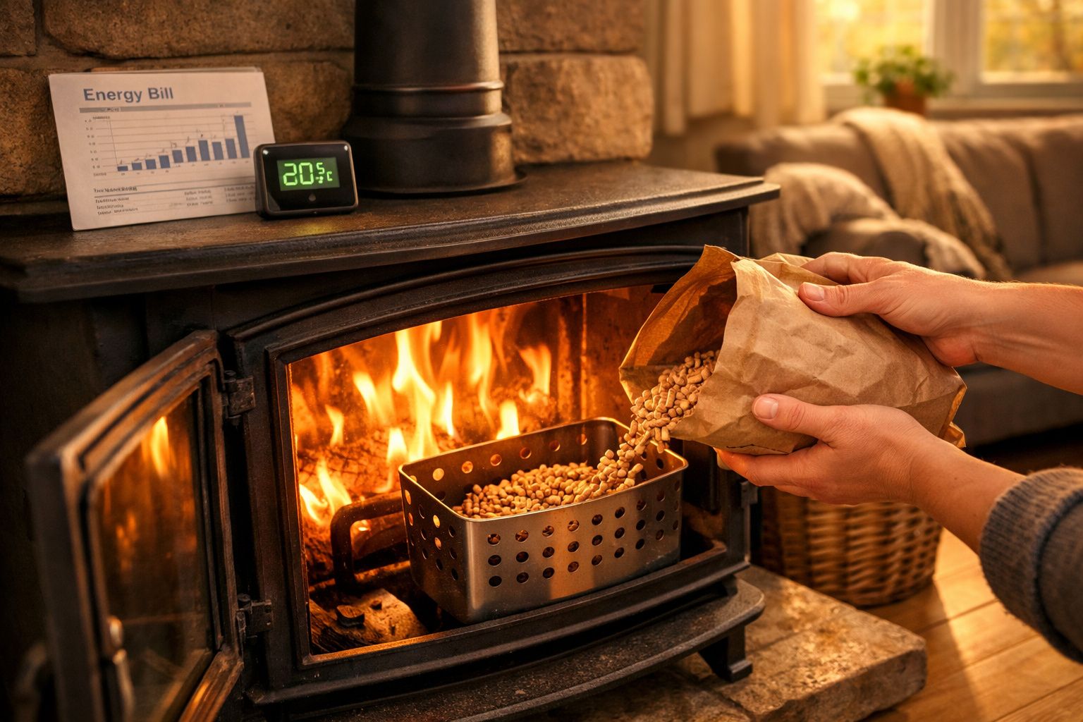 Pessoa a colocar pellets numa salamandra acesa com conta de energia e termómetro a 20,5ºC em cima.