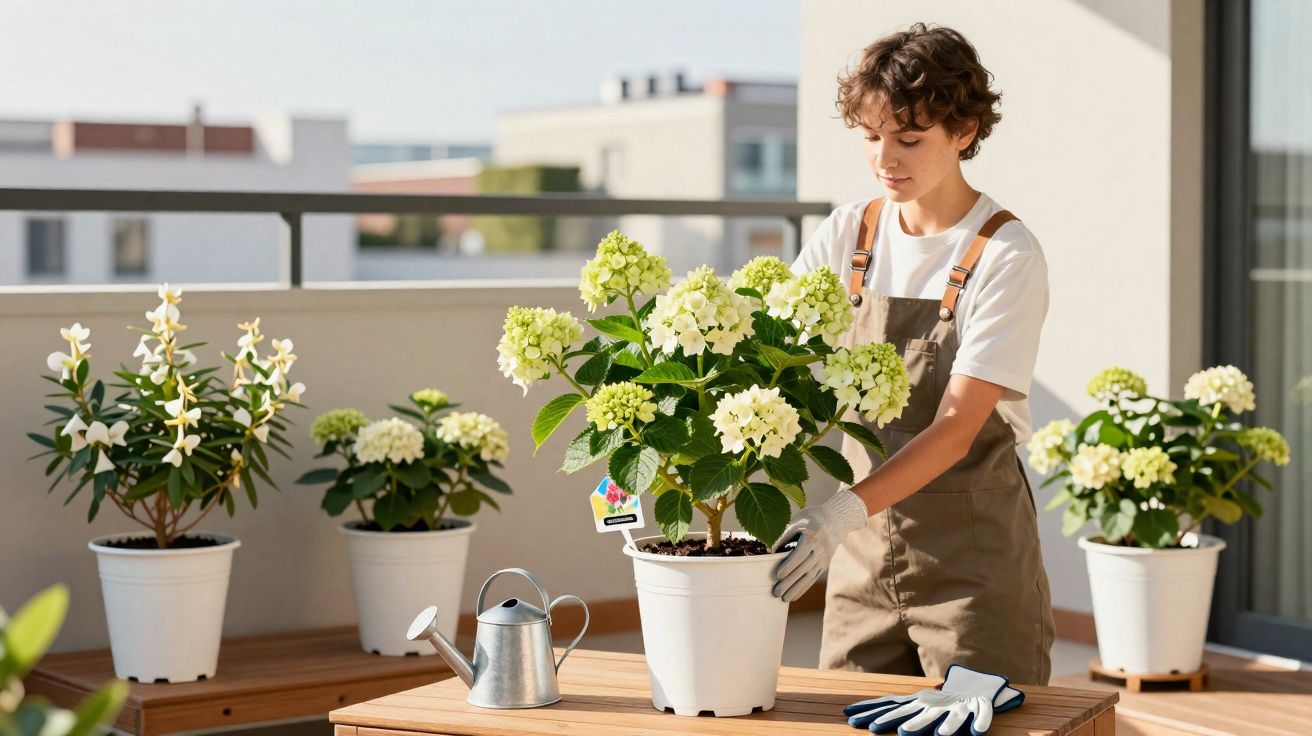 Pessoa a cuidar de plantas com flores brancas numa varanda soalheira, usando macacão e luvas de jardinagem.