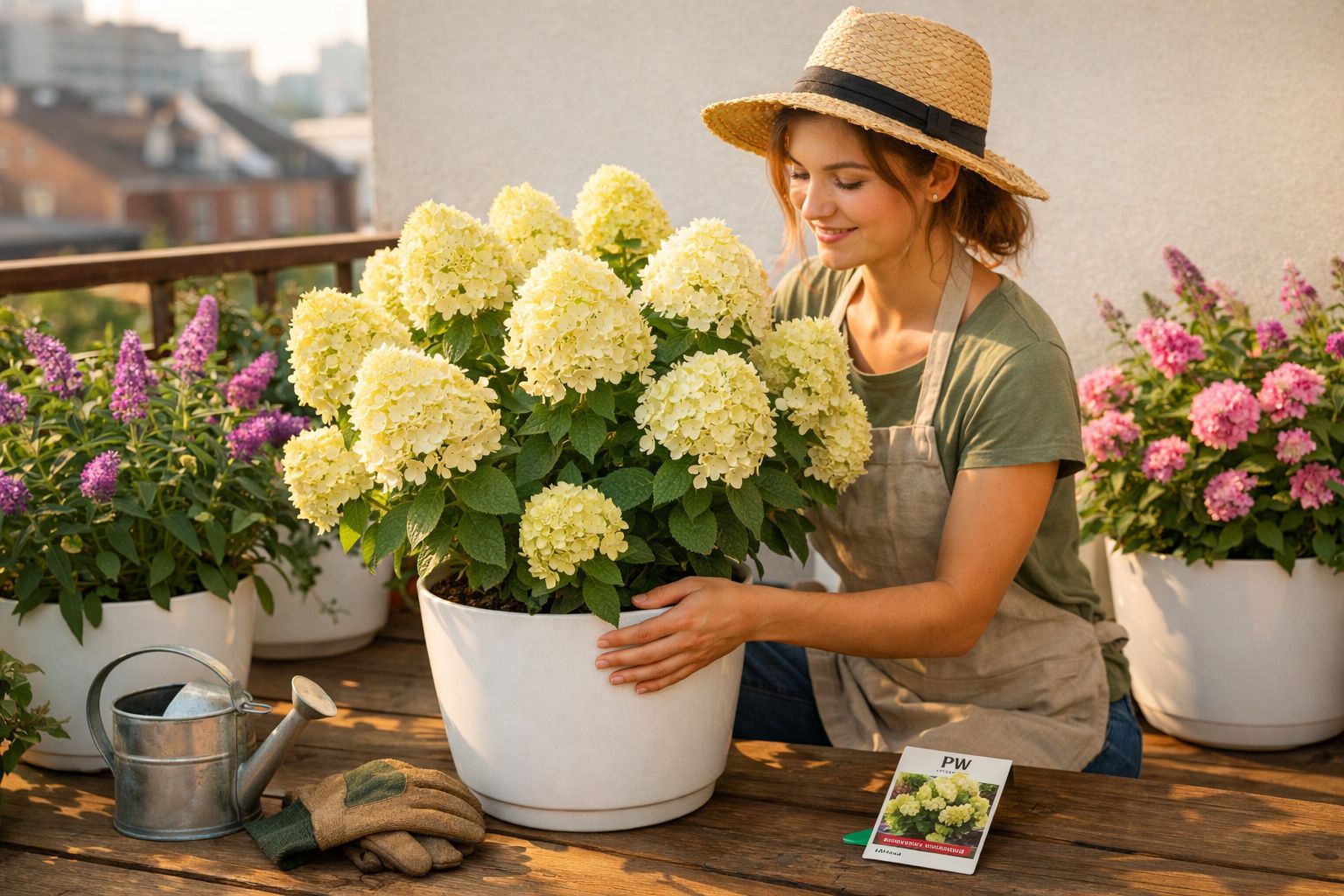 Mulher de chapéu a cuidar de hortênsias amarelas num terraço com outras plantas em vasos.