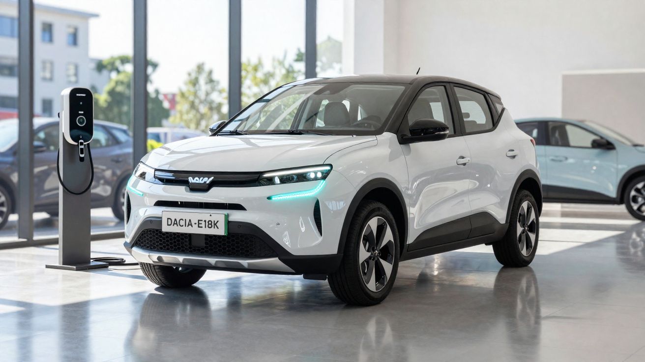 Carro elétrico branco Dacia E18K estacionado numa sala com carregador elétrico ao lado.