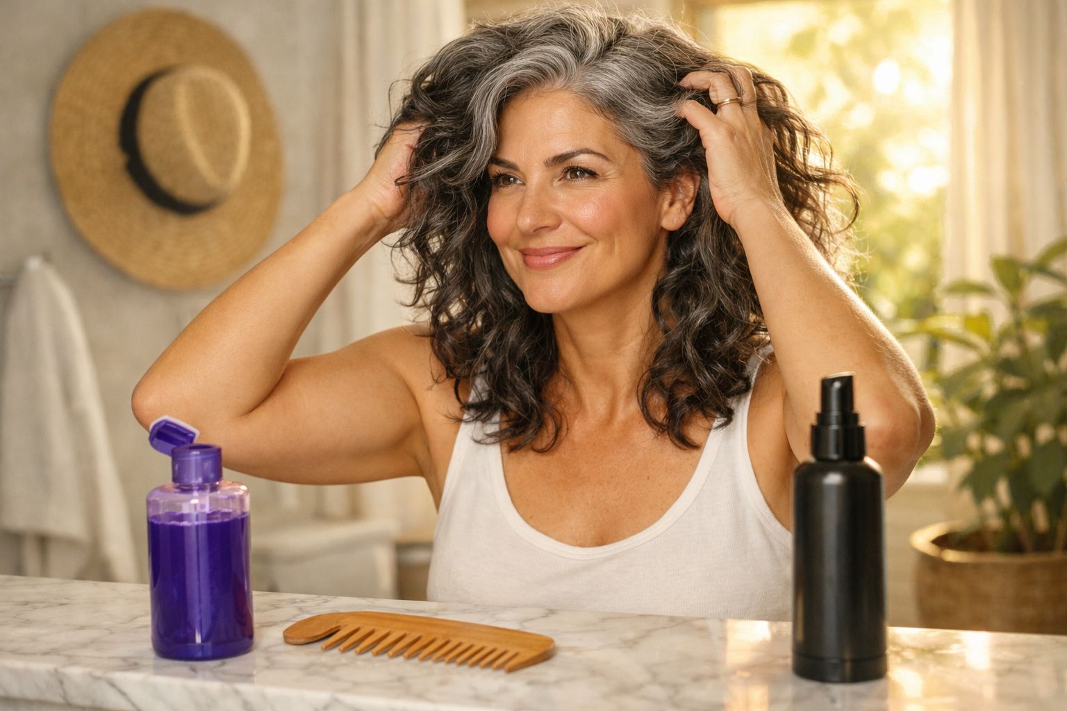 Mulher sorridente com cabelo grisalho cacheado penteando-se à frente de espelho, ambiente luminoso e produtos de cabelo.